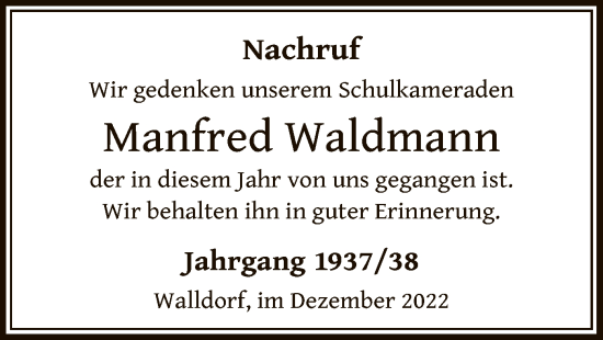 Traueranzeige von Manfred Waldmann von OF