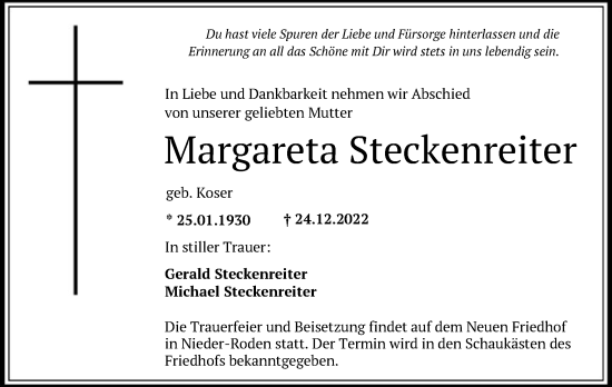 Traueranzeige von Margareta Steckenreiter von OF