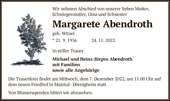 Traueranzeige von Margarete Abendroth von OF