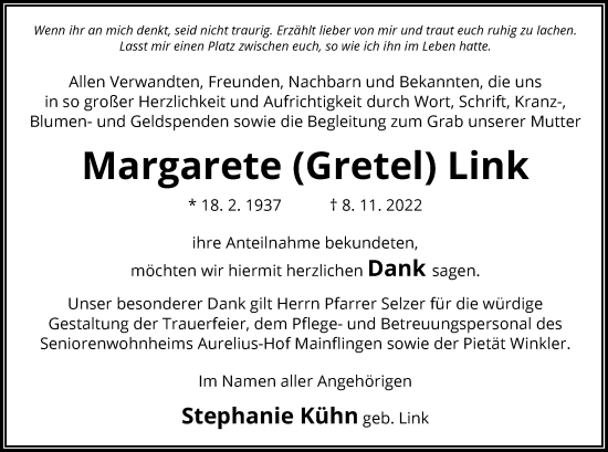 Traueranzeige von Margarete Link von OF