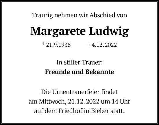 Traueranzeige von Margarete Ludwig von OF