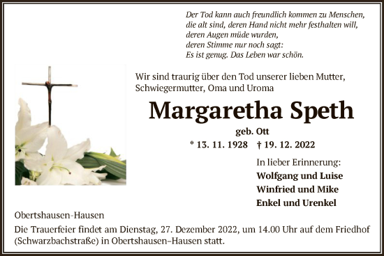 Traueranzeige von Margaretha Speth von OF