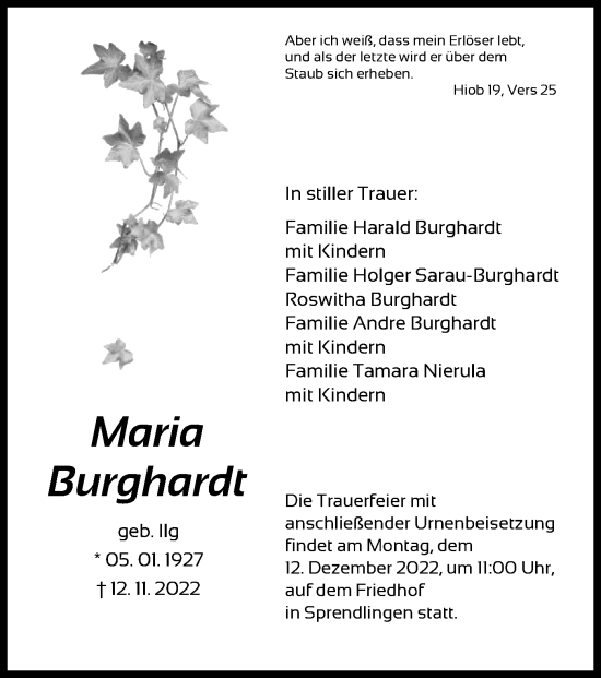 Traueranzeige von Maria Burghardt von OF