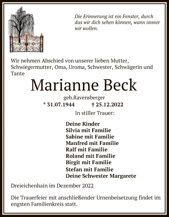 Traueranzeige von Marianne Beck von OF