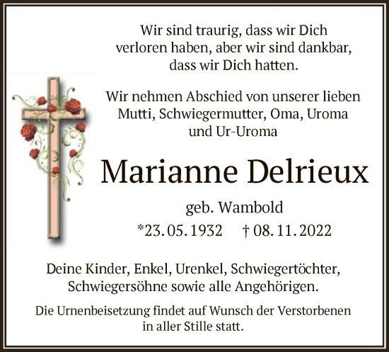 Traueranzeige von Marianne Delrieux von OF