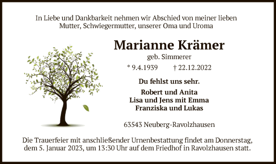 Traueranzeige von Marianne Krämer von OF