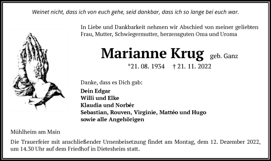 Traueranzeigen Von Marianne Krug Trauerop Onlinede 