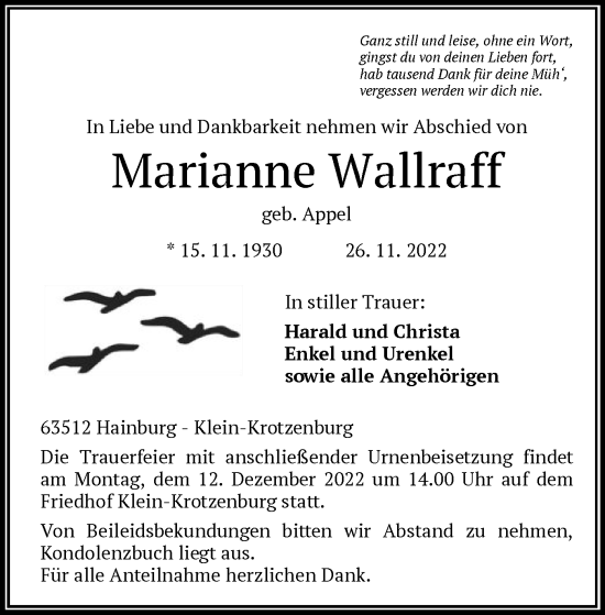 Traueranzeige von Marianne Wallraff von OF