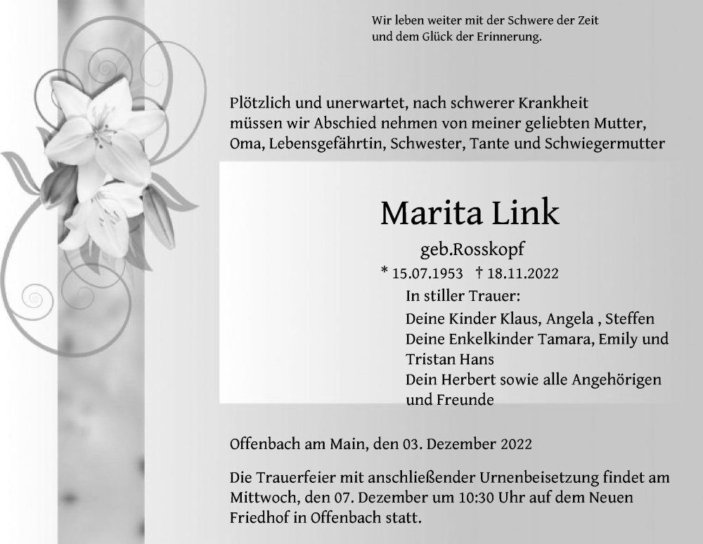  Traueranzeige für Marita Link vom 03.12.2022 aus OF