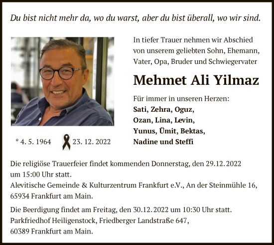 Traueranzeige von Mehmet Ali Yilmaz von OF