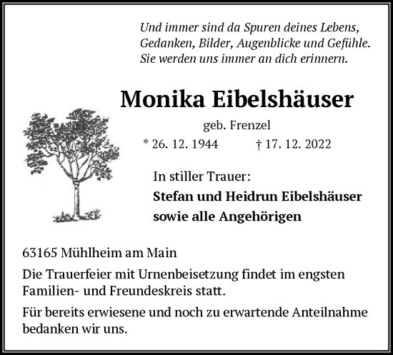 Traueranzeige von Monika Eibelshäuser von OF