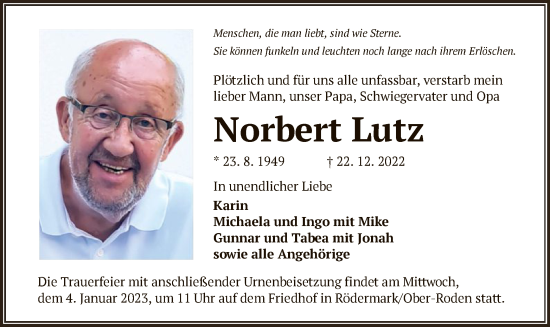 Traueranzeige von Norbert Lutz von OF