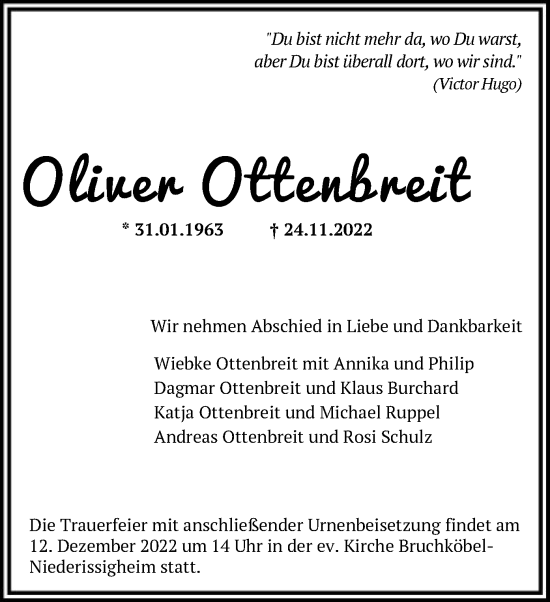 Traueranzeige von Oliver Ottenbreit von OF