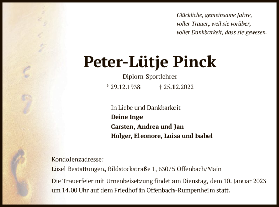 Traueranzeige von Peter-Lütje Pinck von OF