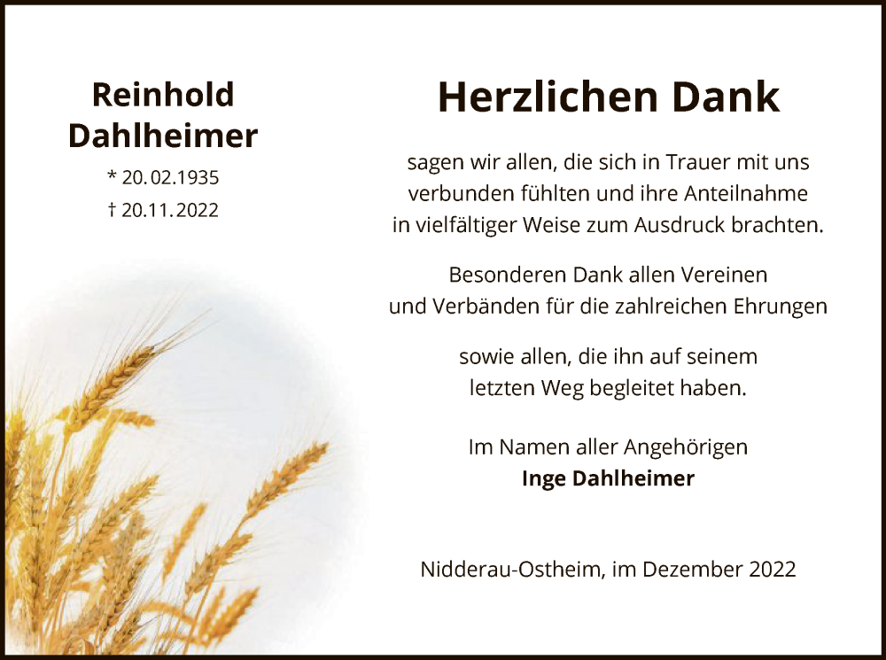  Traueranzeige für Reinhold Dahlheimer vom 17.12.2022 aus OF