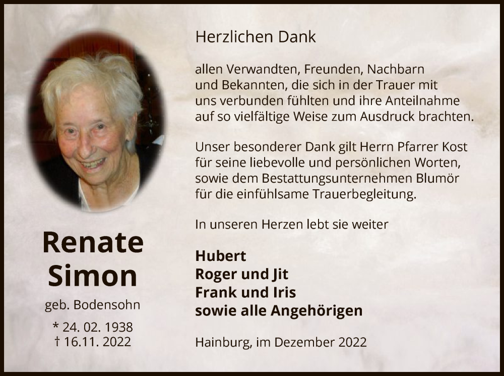  Traueranzeige für Renate Simon vom 14.12.2022 aus OF