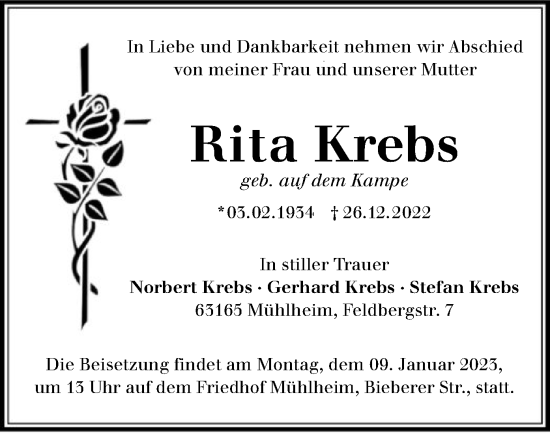 Traueranzeige von Rita Krebs von OF