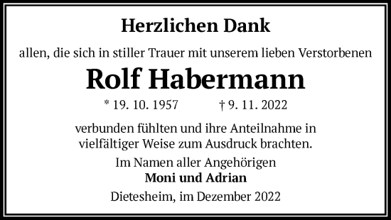 Traueranzeige von Rolf Habermann von OF