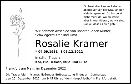 Traueranzeige von Rosalie Kramer von OF