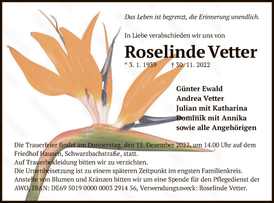 Traueranzeige von Roselinde Vetter von OF