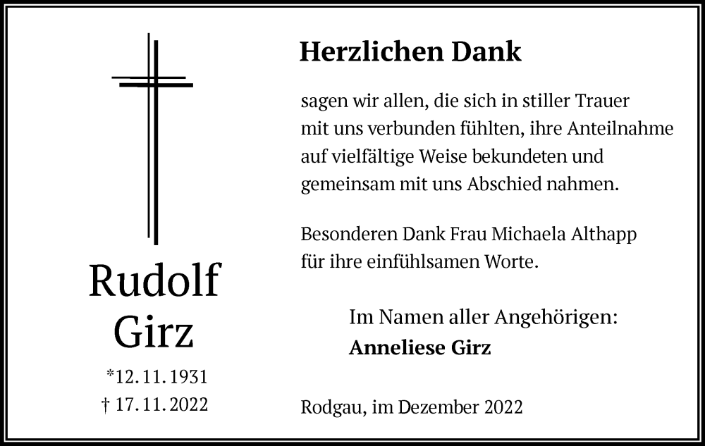  Traueranzeige für Rudolf Girz vom 17.12.2022 aus OF