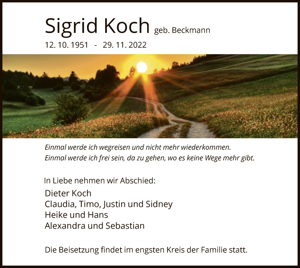  Traueranzeige für Sigrid Koch vom 03.12.2022 aus OF
