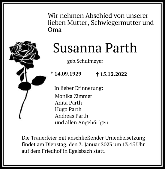 Traueranzeige von Susanna Parth von OF