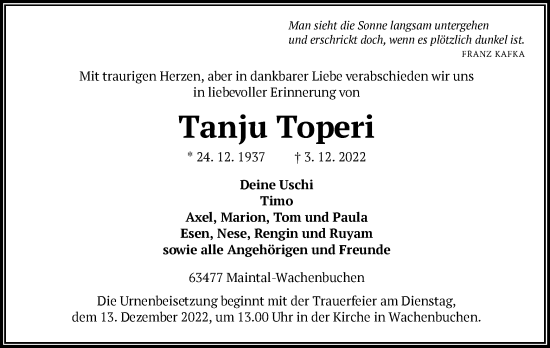 Traueranzeige von Tanju Toperi von OF