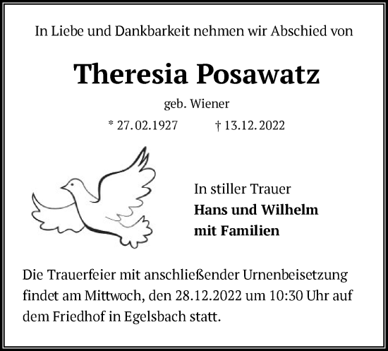 Traueranzeige von Theresia Posawatz von OF