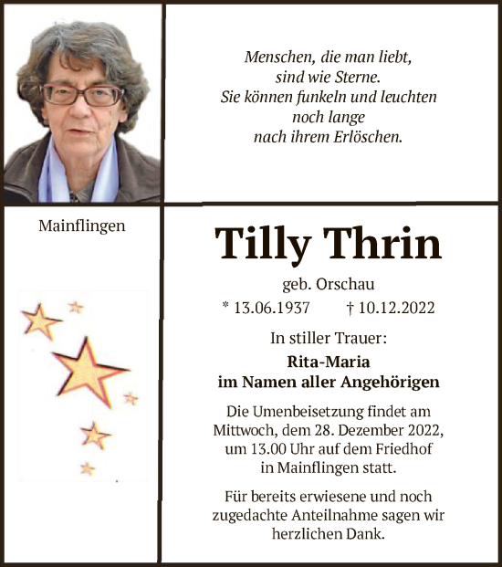 Traueranzeige von Tilly Thrin von OF