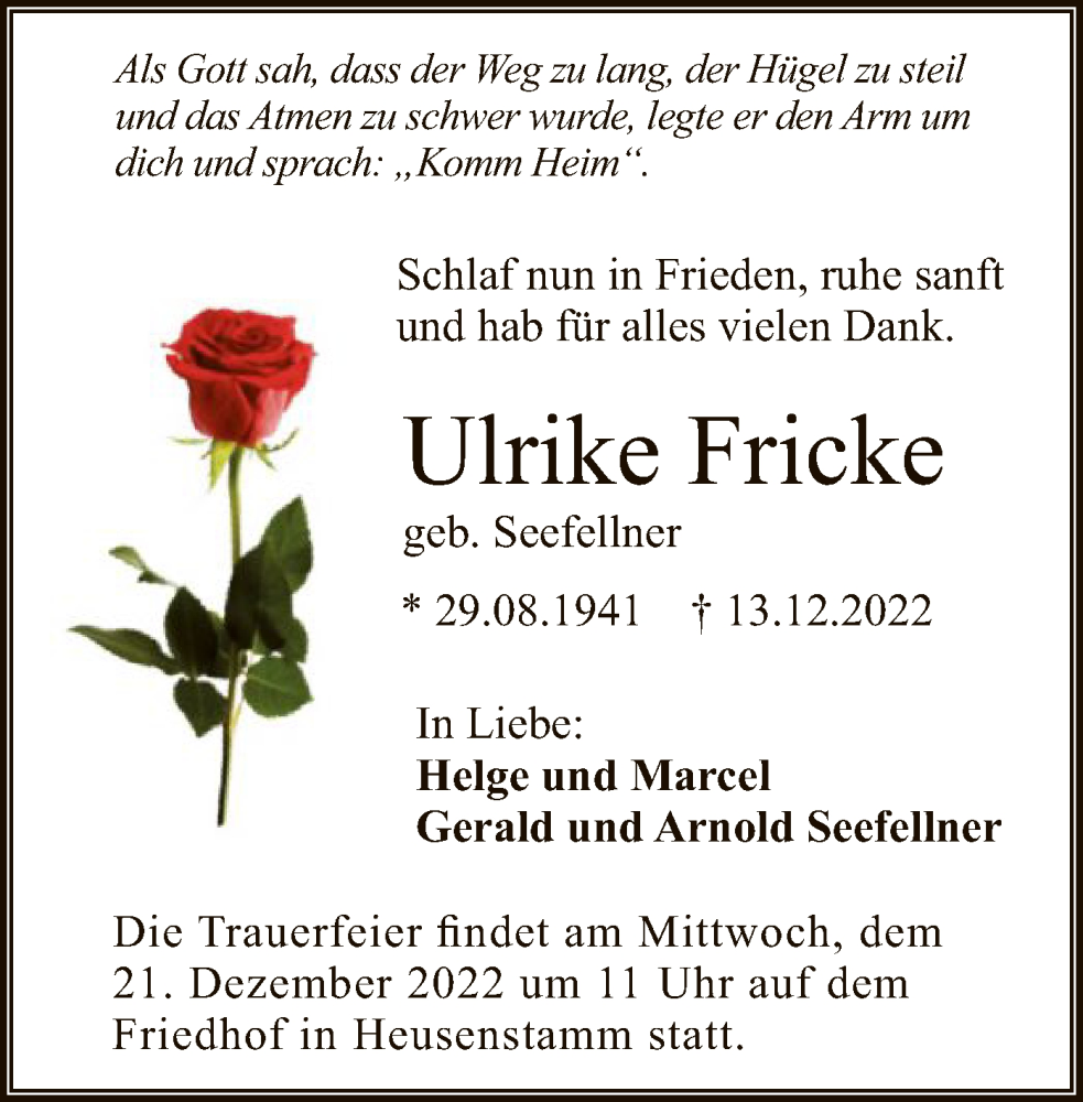  Traueranzeige für Ulrike Fricke vom 21.12.2022 aus OF