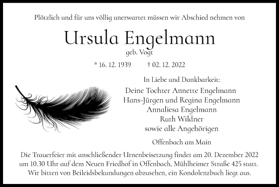 Traueranzeige von Ursula Engelmann von OF