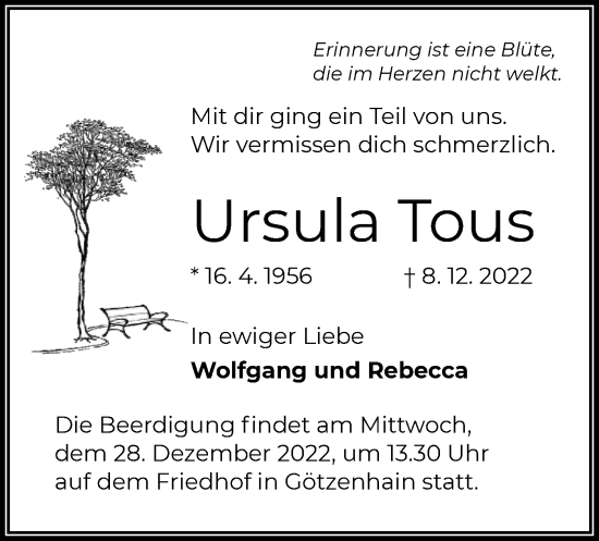 Traueranzeige von Ursula Tous von OF