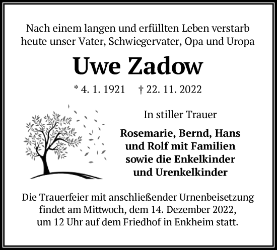 Traueranzeige von Uwe Zadow von OF