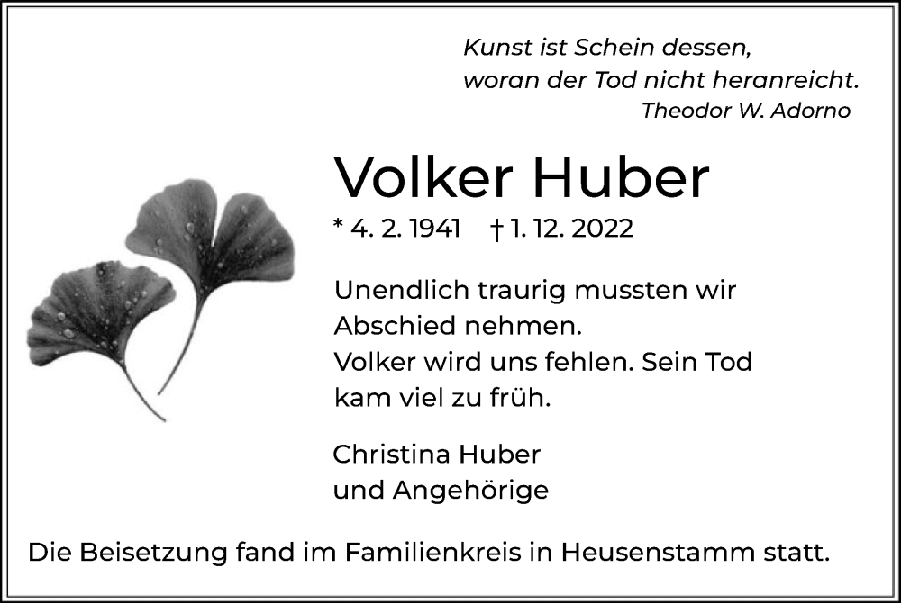  Traueranzeige für Volker Huber vom 17.12.2022 aus OF