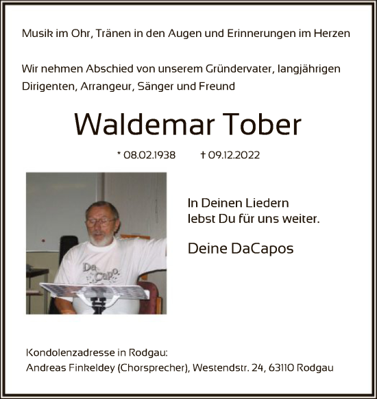 Traueranzeige von Waldemar Tober von OF