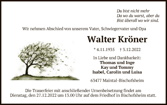 Traueranzeige von Walter Kröner von OF