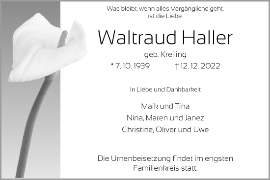 Traueranzeige von Waltraud Haller von OF