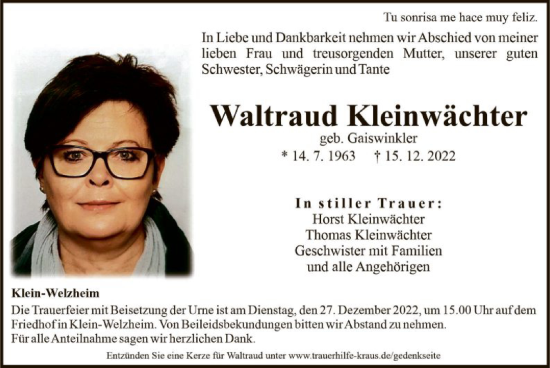 Traueranzeige von Waltraud Kleinwächter von OF