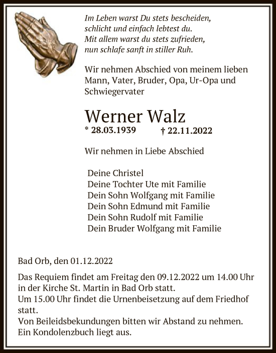 Traueranzeige von Werner Walz von OF