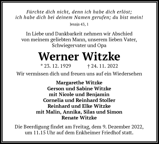 Traueranzeige von Werner Witzke von OF