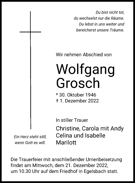 Traueranzeige von Wolfgang Grosch von OF