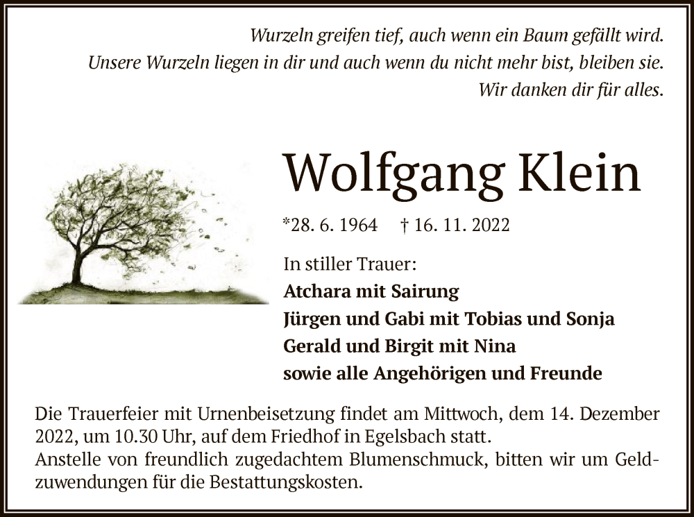  Traueranzeige für Wolfgang Klein vom 08.12.2022 aus OF