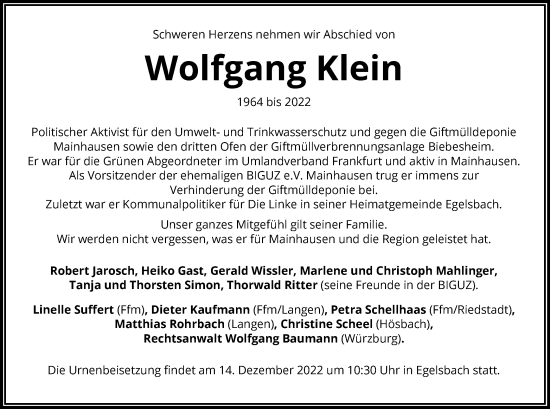Traueranzeige von Wolfgang Klein von OF