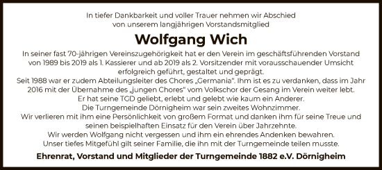 Traueranzeige von Wolfgang Wich von OF