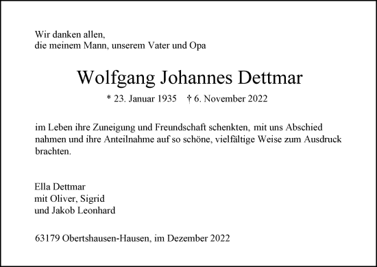 Traueranzeige von Wolfgang Johannes Dettmar von OF