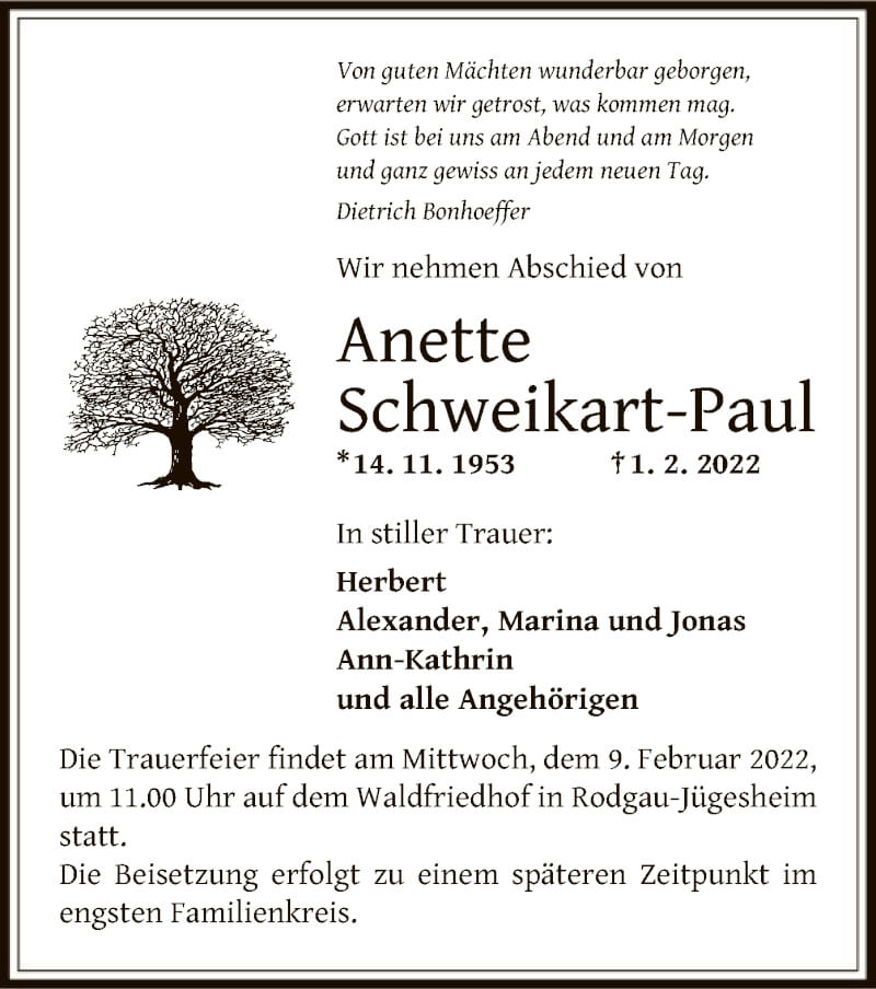  Traueranzeige für Anette Schweikart-Paul vom 05.02.2022 aus OF