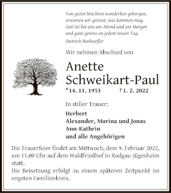 Traueranzeige von Anette Schweikart-Paul von OF