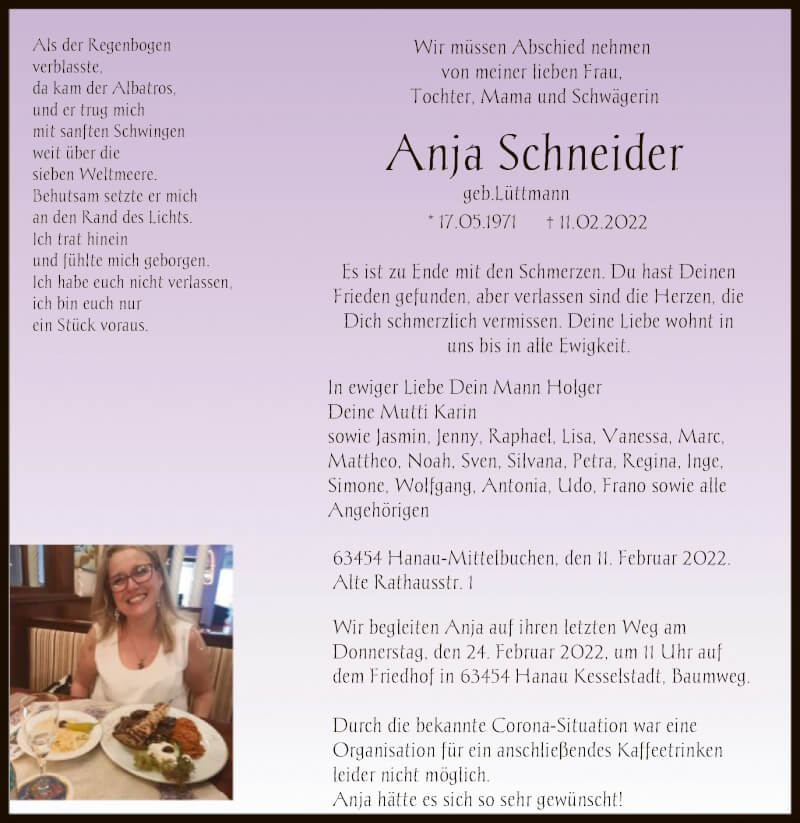  Traueranzeige für Anja Schneider vom 19.02.2022 aus OF