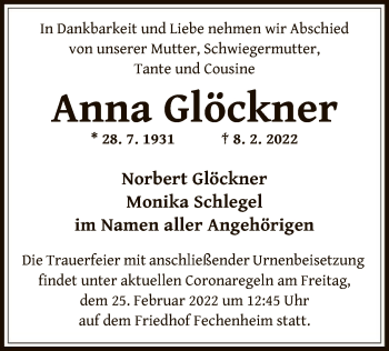 Traueranzeige von Anna Glöckner von OF